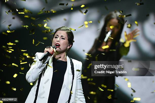 Singer Ann Sophie performs after winning the finals of the TV show 'Our Star For Austria' on March 5, 2015 in Hanover, Germany. 'Our Star For...