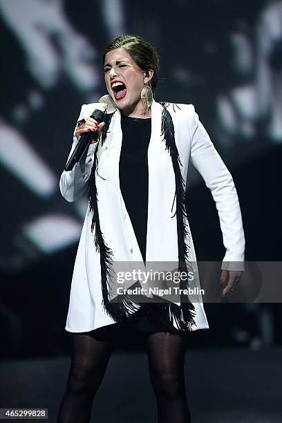 Singer Ann Sophie performs after winning the finals of the TV show 'Our Star For Austria' on March 5, 2015 in Hanover, Germany. 'Our Star For...