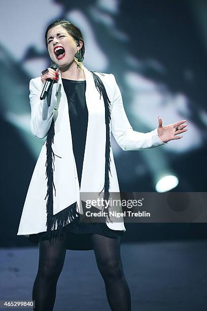 Singer Ann Sophie performs after winning the finals of the TV show 'Our Star For Austria' on March 5, 2015 in Hanover, Germany. 'Our Star For...