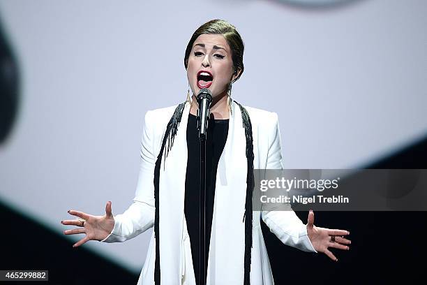 Singer Ann Sophie performs after winning the finals of the TV show 'Our Star For Austria' on March 5, 2015 in Hanover, Germany. 'Our Star For...