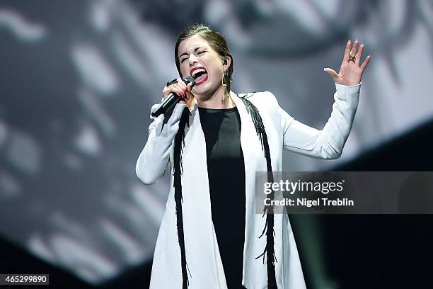 Singer Ann Sophie performs during the finals of the TV show 'Our Star For Austria' on March 5, 2015 in Hanover, Germany. 'Our Star For Austria' is a...