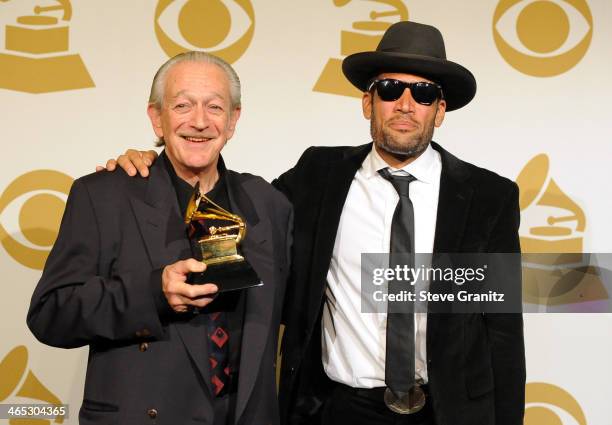 Recording artists Charlie Musselwhite and Ben Harper pose in the press room during th 56th GRAMMY Awards at Staples Center on January 26, 2014 in Los...