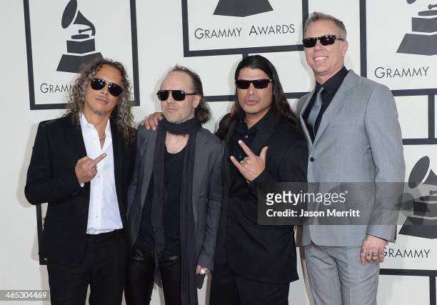 Musicians Kirk Hammett, Lars Ulrich, Robert Trujillo and James Hetfield of Metallica attend the 56th GRAMMY Awards at Staples Center on January 26,...