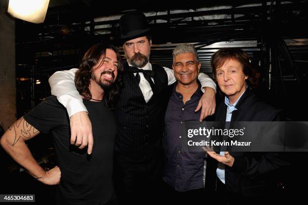 Dave Grohl, Krist Novoselic and Paul McCartney attend the 56th GRAMMY Awards at Staples Center on January 26, 2014 in Los Angeles, California.