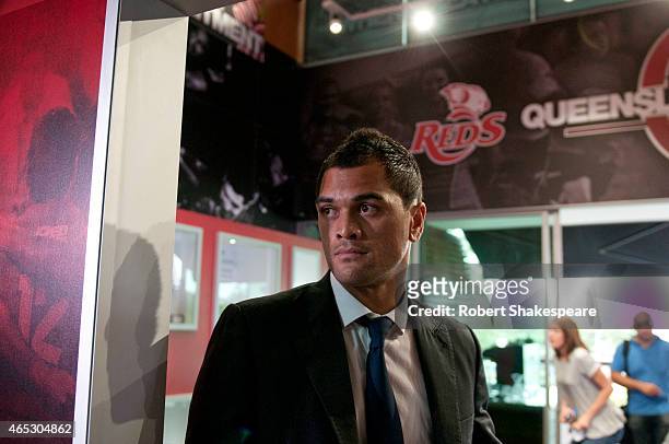 Karmichael Hunt of the Reds speaks to the media during a Queensland Reds press conference at Rugby House on March 6, 2015 in Brisbane, Australia.