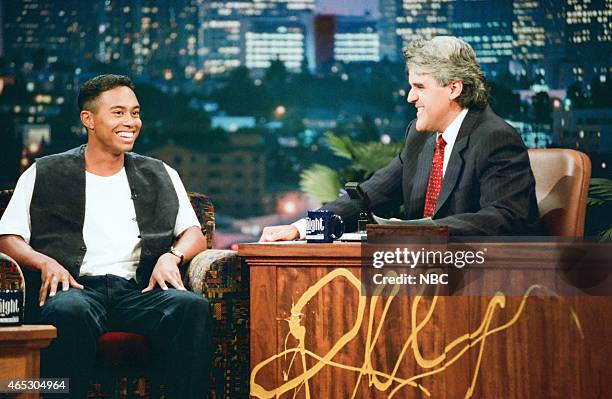 Episode 951 -- Pictured: Professional golfer Tiger Woods during an interview with host Jay Leno on June 25, 1996 --