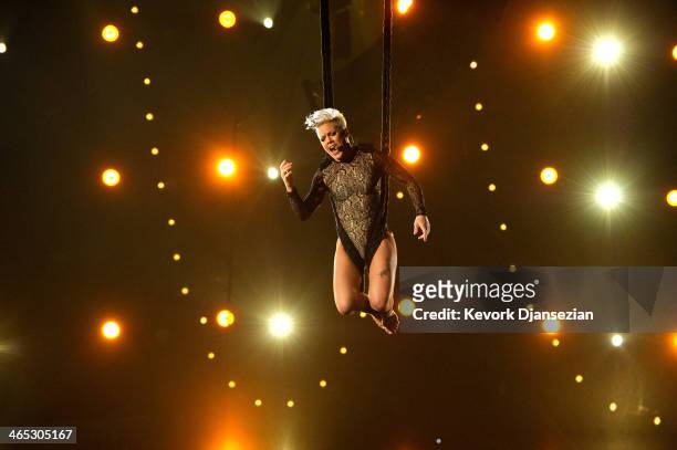 Singer Pink performs onstage during the 56th GRAMMY Awards at Staples Center on January 26, 2014 in Los Angeles, California.