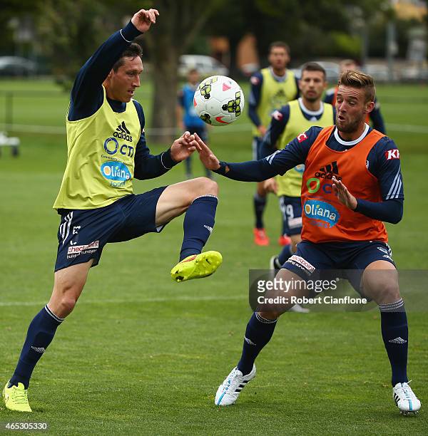 Mark Milligan of the Victory controls the ball during a Melbourne Victory A-League training session at Gosch's Paddock on March 6, 2015 in Melbourne,...