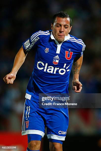 Sebastian Ubilla of U de Chile celebrates after scoring his team's second goal during a group 4 match between U de Chile and The Strongest as part of...