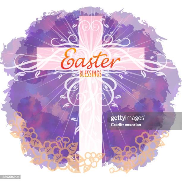 graphic of easter themed cross with flowers - easter lilies and cross stock illustrations