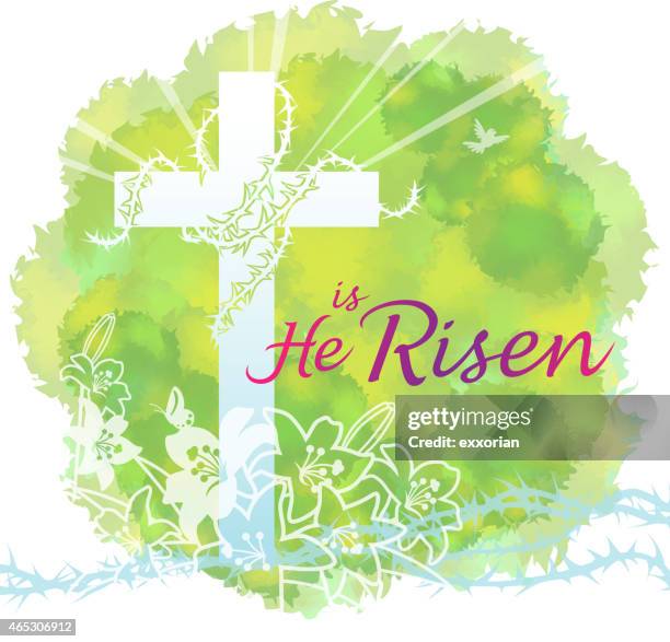 he is risen - easter lilies and cross stock illustrations