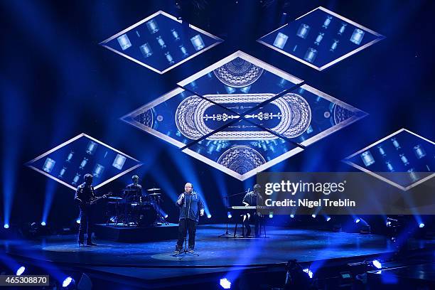 Singer Andreas Kuemmert performs during the finals of the TV show 'Our Star For Austria' on March 5, 2015 in Hanover, Germany. 'Our Star For Austria'...