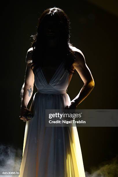 Austrian singer and Eurovision Song Contest 2014 winner Conchita Wurst performs during the finals of the TV show 'Our Star For Austria' on March 5,...