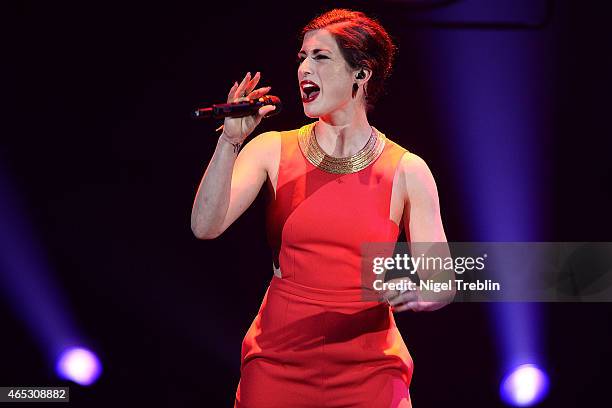 Singer Ann Sophie performs during the finals of the TV show 'Our Star For Austria' on March 5, 2015 in Hanover, Germany. 'Our Star For Austria' is a...