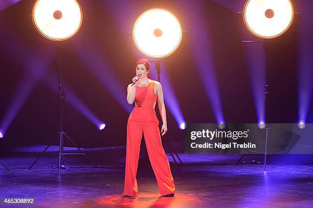 Singer Ann Sophie performs during the finals of the TV show 'Our Star For Austria' on March 5, 2015 in Hanover, Germany. 'Our Star For Austria' is a...