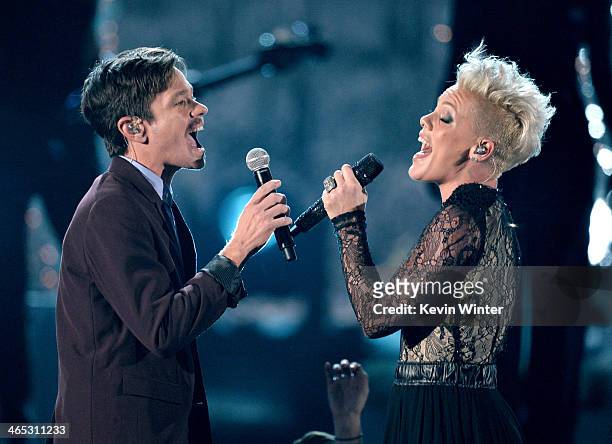 Singers Nate Ruess of Fun. And Pink perform onstage during the 56th GRAMMY Awards at Staples Center on January 26, 2014 in Los Angeles, California.