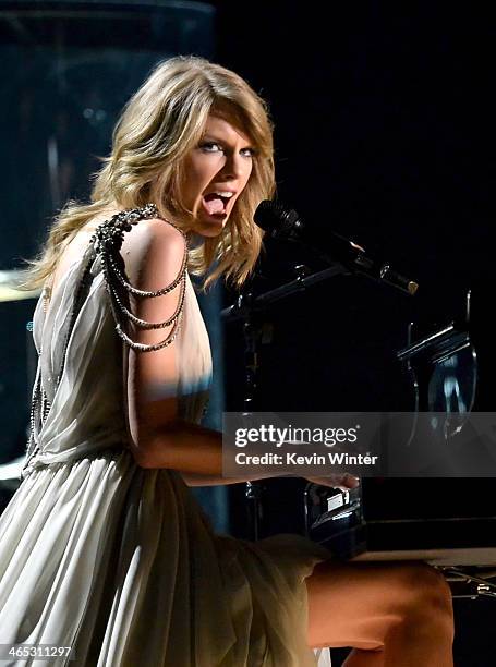 Recording artist Taylor Swift performs onstage during the 56th GRAMMY Awards at Staples Center on January 26, 2014 in Los Angeles, California.