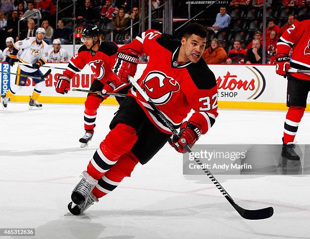 Mark Fraser of the New Jersey Devils skates during the game against the Nashville Predators at the Prudential Center on March 3, 2015 in Newark, New...