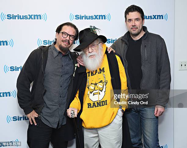Artist Jose Alvarez, magician James Randi and director Justin Weinstein visit the SiriusXM Studios on March 5, 2015 in New York City.