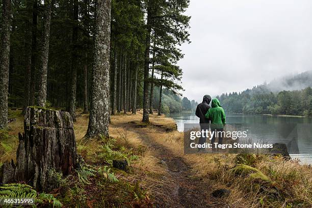 couple looks out over a misty lake in a forest. - female rain coat stock pictures, royalty-free photos & images