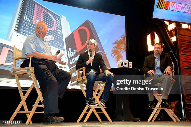 Radio's Mike Bagley, Miller Lite NASCAR driver Brad Keselowski and MillerCoors Sports and Entertainment Justin Bailey chat during a press conference...