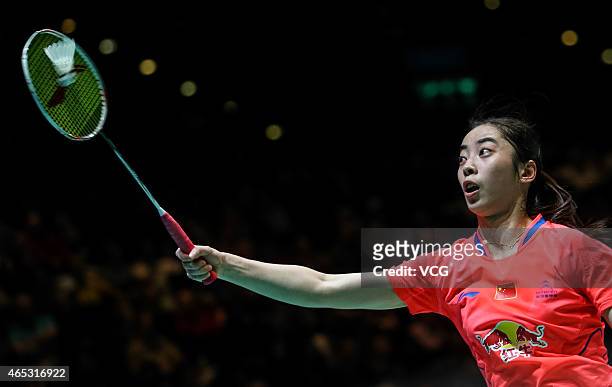 Wang Shixian of China in action during Women's Singles match against Bae Yeon Ju of South Korea on day three of YONEX All England Open Badminton...