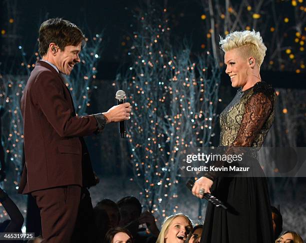 Nate Ruess and Pink perform onstage during the 56th GRAMMY Awards at Staples Center on January 26, 2014 in Los Angeles, California.