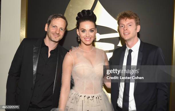 Producer Dr. Luke, singer Katy Perry and producer Cirkut attend the 56th GRAMMY Awards at Staples Center on January 26, 2014 in Los Angeles,...