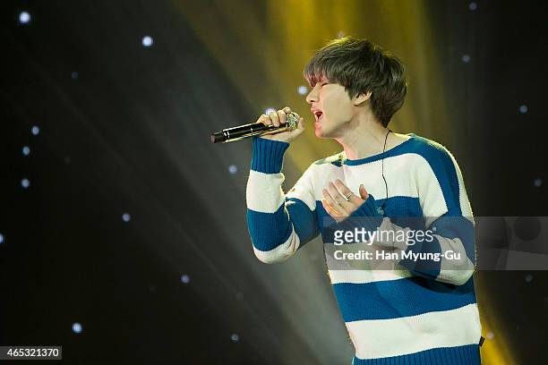 Eunhyuk of South Korean boy band Super Junior D&E performs onstage during the Super Junior D&E Showcase on March 5, 2015 in Seoul, South Korea.