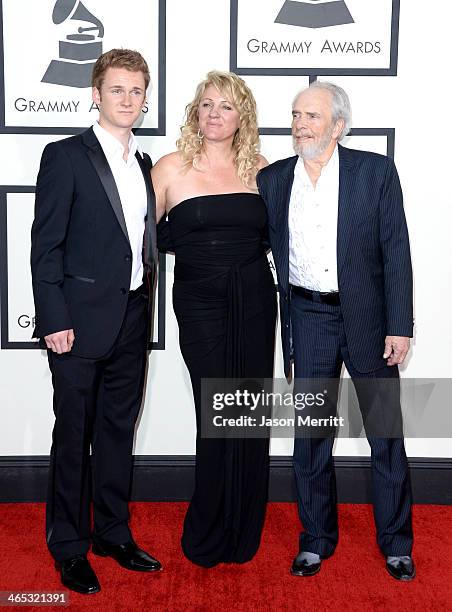 Musician Ben Haggard, Theresa Ann Lane and musician Merle Haggard attend the 56th GRAMMY Awards at Staples Center on January 26, 2014 in Los Angeles,...