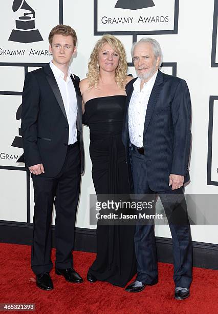 Musician Ben Haggard, Theresa Ann Lane and musician Merle Haggard attend the 56th GRAMMY Awards at Staples Center on January 26, 2014 in Los Angeles,...