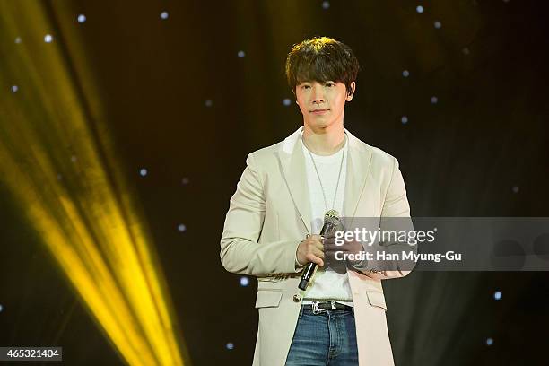 Donghae of South Korean boy band Super Junior D&E performs onstage during the Super Junior D&E Showcase on March 5, 2015 in Seoul, South Korea.