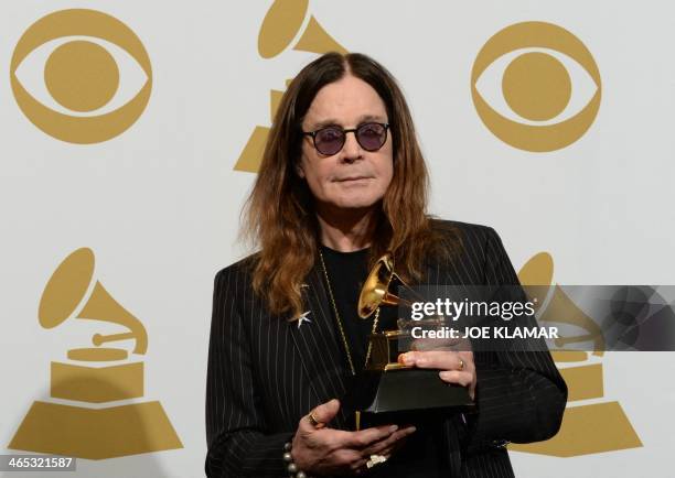 Ozzy Osbourne of Black Sabbath poses in the press room after winning Best Metal Performance for 'God is Dead?' during the 56th Grammy Awards at the...