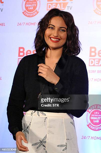 Indian Bollywood actress Sonakshi Sinha poses at the unveiling of the first look of Best Deal TV, Indias first celebrity-driven 24/7 Home Shopping...