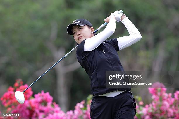 Eun-Bi Jang of South Korea plays a tee shot during the first round of the Daikin Orchid Ladies Golf Tournament at the Ryukyu Golf Club on March 6,...