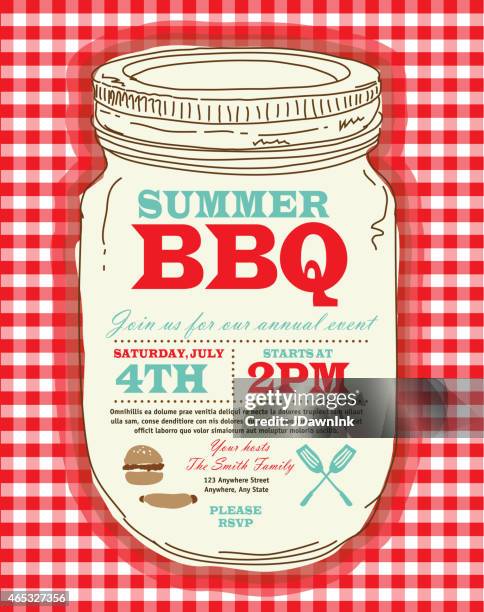 mason jar bbq with checkered tablecloth picnic invitation design template - canning stock illustrations