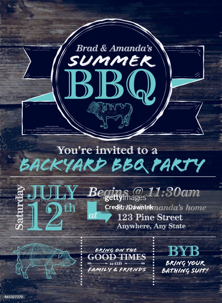 Blue and white country BBQ design template on wood background