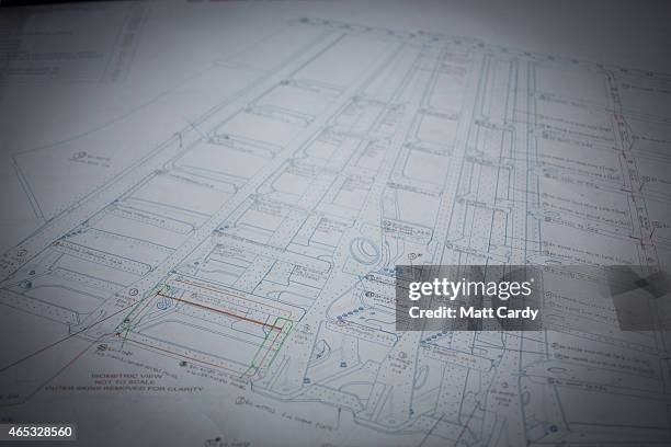 Design plans are seen as the Bloodhound SSC vehicle currently takes shape at its design centre in Avonmouth on March 5, 2015 in Bristol, England. It...