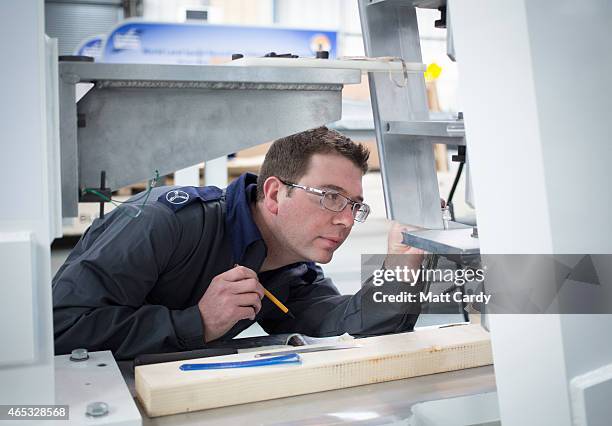 Royal Airforce engineers work on a tail fin of the Bloodhound SSC vehicle currently taking shape at its design centre in Avonmouth on March 5, 2015...