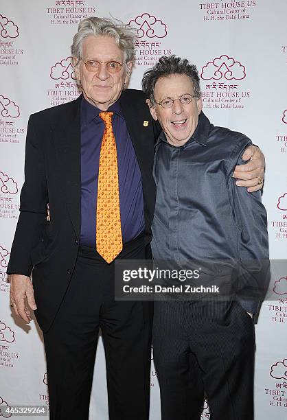 President of Tibet House Bob Thurman and musician Phillip Glass attend the 2015 Tibet House US Benefit Gala at Metropolitan West on March 5, 2015 in...