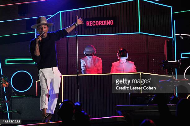 Recording artists Pharrell Williams, Thomas Bangalter and Guy-Manuel de Homem-Christo of Daft Punk perform onstage during the 56th GRAMMY Awards at...