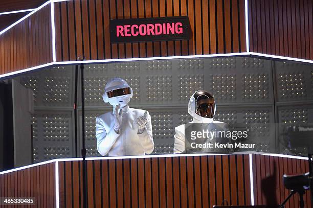 Daft Punk performs onstage during the 56th GRAMMY Awards at Staples Center on January 26, 2014 in Los Angeles, California.