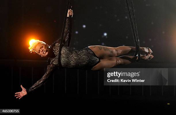 Singer Pink performs onstage during the 56th GRAMMY Awards at Staples Center on January 26, 2014 in Los Angeles, California.