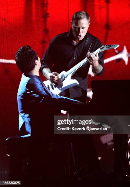 Musician Lang Lang performs with James Hetfield of Metallica onstage during the 56th GRAMMY Awards at Staples Center on January 26, 2014 in Los...