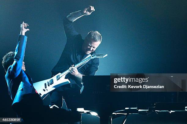 Musician Lang Lang performs with James Hetfield of Metallica onstage during the 56th GRAMMY Awards at Staples Center on January 26, 2014 in Los...