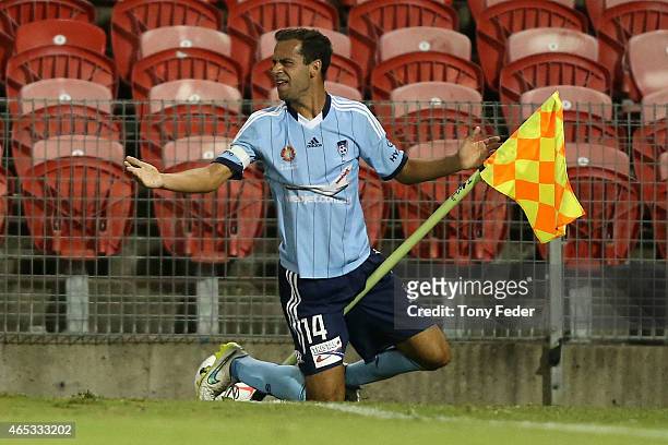 Terry Antonis of Sydney FC gets tangled with the corner flag during the round 20 A-League match between the Newcastle Jets and Sydney FC at Hunter...