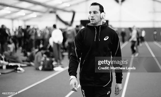 Valentin Lavillenie of France warms up before the Mens Pole Vault during day one of the 2015 European Athletics Indoor Championships at O2 Arena on...