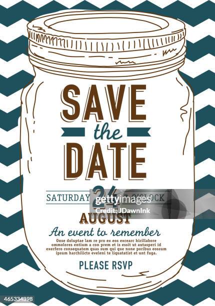 white canning jar save the date invitation on chevron background - rustic wedding stock illustrations