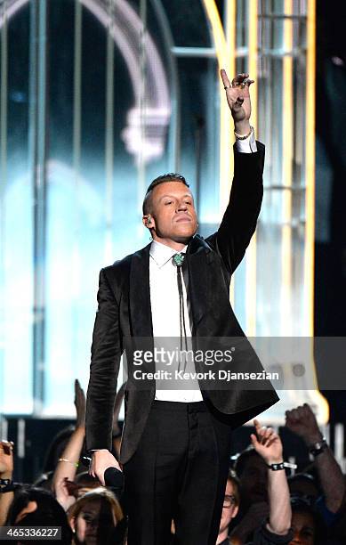 Rapper Macklemore performs onstage during the 56th GRAMMY Awards at Staples Center on January 26, 2014 in Los Angeles, California.