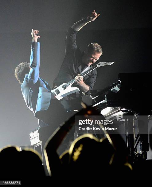 Lang Lang and James Hetfield of Metallica perform onstage during the 56th GRAMMY Awards at Staples Center on January 26, 2014 in Los Angeles,...
